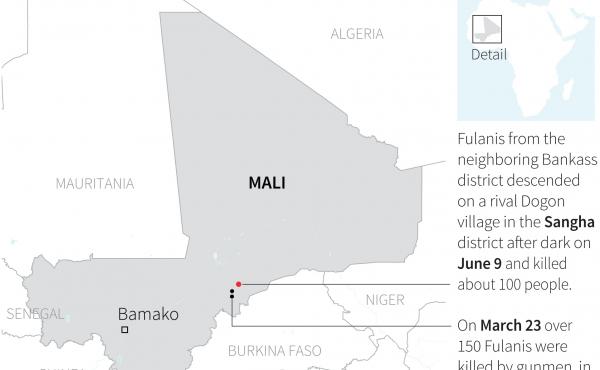 A map locating the attack that took place on June 9 in Sangha district and March 23 attack targeting two villages in Bankass district in Mali. A map locating the attack that took place on June 9 in Sangha district and March 23 attack targeting two villages in Bankass district in Mali.