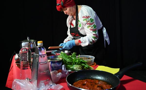 A cook prepares borsch at a March 2021 event in Kyiv to promote Ukraine's bid for UNESCO to recognize the dish as part of the country's historical heritage. A cook prepares borsch at a March 2021 event in Kyiv to promote Ukraine's bid for UNESCO to recognize the dish as part of the country's historical heritage.