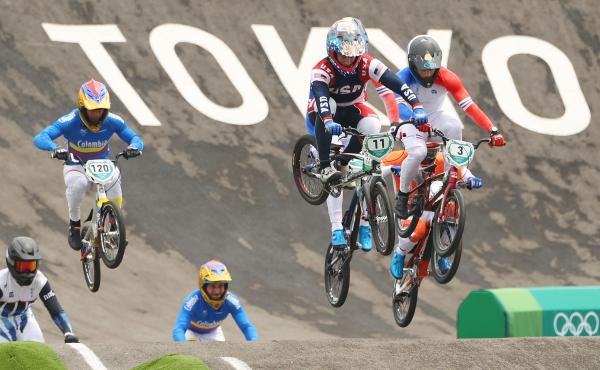 Connor Fields of Team USA leads other riders in the men's BMX semifinal on July 30 at the Tokyo Olympics. He would crash later, suffering a brain hemorrhage and broken rib. Connor Fields of Team USA leads other riders in the men's BMX semifinal on July 30 at the Tokyo Olympics. He would crash later, suffering a brain hemorrhage and broken rib.