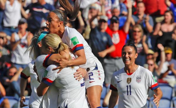 U.S. players celebrate after teammate Julie Ertz scored their side's second goal during the Women's World Cup Group F soccer match between United States and Chile at Parc des Princes in Paris, France on Sunday. U.S. players celebrate after teammate Julie Ertz scored their side's second goal during the Women's World Cup Group F soccer match between United States and Chile at Parc des Princes in Paris, France on Sunday.