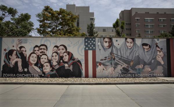 Murals are seen along the walls at a quiet U.S. Embassy on July 30 in Kabul, Afghanistan. Murals are seen along the walls at a quiet U.S. Embassy on July 30 in Kabul, Afghanistan.