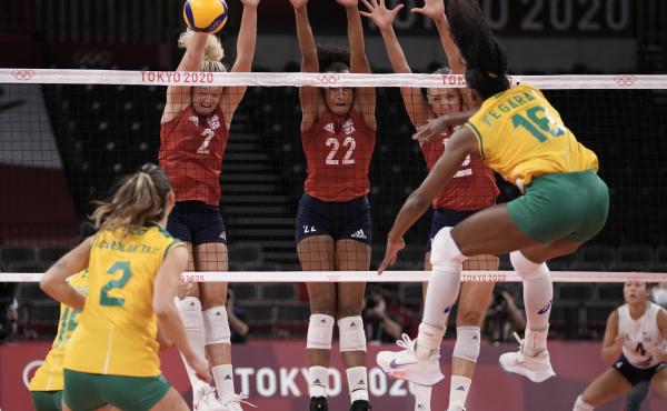 Brazil's Fernanda Rodrigues shoots while playing the United States during the gold medal match in women's volleyball at the 2020 Summer Olympics on Sunday. Brazil's Fernanda Rodrigues shoots while playing the United States during the gold medal match in women's volleyball at the 2020 Summer Olympics on Sunday.