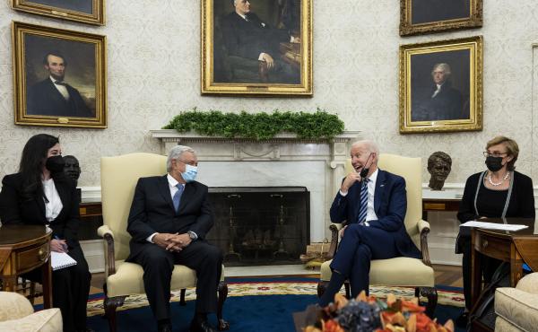 U.S. President Joe Biden, second from right, meets with Mexican President Andres Manuel Lopez Obrador, second from left, in the Oval Office of the White House on Nov. 18, 2021. U.S. President Joe Biden, second from right, meets with Mexican President Andres Manuel Lopez Obrador, second from left, in the Oval Office of the White House on Nov. 18, 2021.
