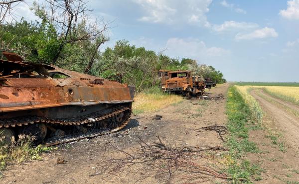 Destroyed tanks and trucks line the farm roads that bisect Mykhailo Liubchenko's plots. The ground fighting has subsided, but there's almost daily shelling in his region near the front lines of the southern campaign of the war. Destroyed tanks and trucks line the farm roads that bisect Mykhailo Liubchenko's plots. The ground fighting has subsided, but there's almost daily shelling in his region near the front lines of the southern campaign of the war.