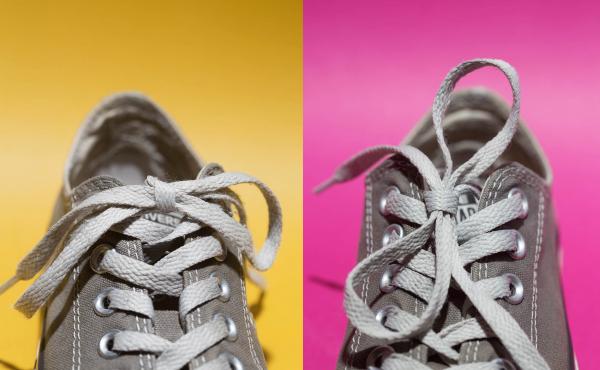 The laces on the left are tied in a strong knot that lies horizontally. The laces on the right are tied in a knot that makes the bow lie vertically and which, according to new research, can come untied more easily. The laces on the left are tied in a strong knot that lies horizontally. The laces on the right are tied in a knot that makes the bow lie vertically and which, according to new research, can come untied more easily.