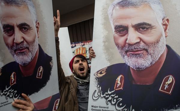 People hold posters showing the portrait of Maj. Gen. Qassem Soleimani at a protest outside the U.S. Consulate on Jan. 5 in Istanbul, Turkey. People hold posters showing the portrait of Maj. Gen. Qassem Soleimani at a protest outside the U.S. Consulate on Jan. 5 in Istanbul, Turkey.