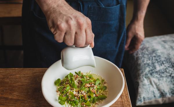 Chef Jeremy Fox's inventive dish: double-chucked spring peas sprinkled with white chocolate and roasted macadamia nuts. It's served with a bit of pea broth poured on the side, "to retain the crunch." Each pea is shucked, blanched and squeezed to get the h Chef Jeremy Fox's inventive dish: double-chucked spring peas sprinkled with white chocolate and roasted macadamia nuts. It's served with a bit of pea broth poured on the side, "to retain the crunch." Each pea is shucked, blanched and squeezed to get the h