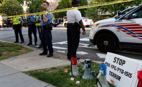 Police secure the street outside the Turkish Embassy in Washington, D.C, on Tuesday. Nine people were injured when a fight broke out during a demonstration outside the embassy. Turkish President Recep Tayyip Erdogan was in town to meet President Trump at Police secure the street outside the Turkish Embassy in Washington, D.C, on Tuesday. Nine people were injured when a fight broke out during a demonstration outside the embassy. Turkish President Recep Tayyip Erdogan was in town to meet President Trump at