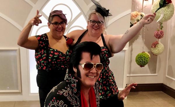 Brendan Paul (center) poses in front of newlyweds Jess Sandoval and Alana Stroebel at the Graceland wedding chapel in downtown Las Vegas. Brendan Paul (center) poses in front of newlyweds Jess Sandoval and Alana Stroebel at the Graceland wedding chapel in downtown Las Vegas.