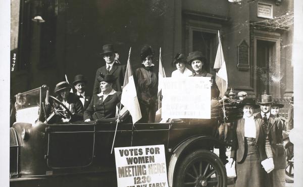 A photo taken on October 18, 1920, of suffragettes in Newark, New Jersey during the closing hours of the campaign for votes in support of the 19th Amendment. A photo taken on October 18, 1920, of suffragettes in Newark, New Jersey during the closing hours of the campaign for votes in support of the 19th Amendment.