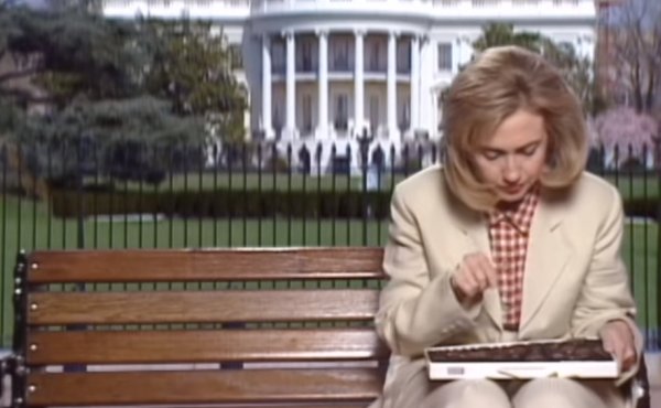 A screenshot from a 1995 video spoof of Forrest Gump, starring then-first lady Hillary Clinton. A screenshot from a 1995 video spoof of Forrest Gump, starring then-first lady Hillary Clinton.
