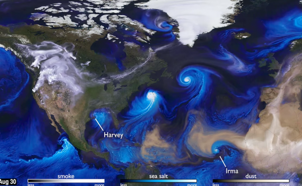 A NASA visualization shows hurricanes in the Atlantic in 2017 through their impact on aerosols in the atmosphere. A NASA visualization shows hurricanes in the Atlantic in 2017 through their impact on aerosols in the atmosphere.