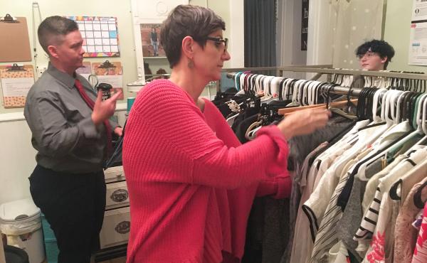 Tristan Vaught (left) and Nancy Dawson are the co-founders of clothing exchange Transform. A 17-year-old client Elliot Reed (far right) was the first customer when the space opened. Tristan Vaught (left) and Nancy Dawson are the co-founders of clothing exchange Transform. A 17-year-old client Elliot Reed (far right) was the first customer when the space opened.