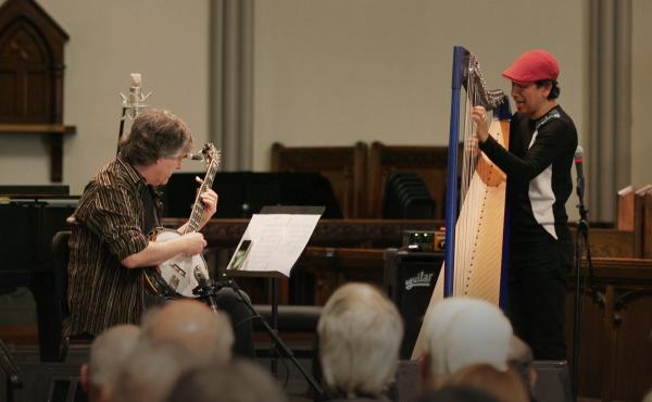 Béla Fleck and Edmar Castañeda perform at St. John's Cathedral in Knoxville, Tenn., as part of the 2019 Big Ears Festival. Béla Fleck and Edmar Castañeda perform at St. John's Cathedral in Knoxville, Tenn., as part of the 2019 Big Ears Festival.