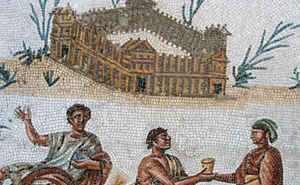 Fortified dwelling and open air banquet, detail from a mosaic portraying a Nilotic landscape from El Alia, Tunisia. Roman Civilisation, 2nd century. Musée National Du Bardo (Archaeological Museum) Fortified dwelling and open air banquet, detail from a mosaic portraying a Nilotic landscape from El Alia, Tunisia. Roman Civilisation, 2nd century. Musée National Du Bardo (Archaeological Museum)