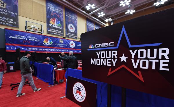 Preparations underway in the Media Center at the third Republican debate on the campus of the University of Colorado in Boulder, Colo. Preparations underway in the Media Center at the third Republican debate on the campus of the University of Colorado in Boulder, Colo.