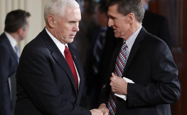 Vice President Pence (left) shakes hands with former national security adviser Michael Flynn before the start of a joint press conference between President Trump and Japanese Prime Minister Shinzo Abe on Friday. Flynn resigned Monday night after multiple Vice President Pence (left) shakes hands with former national security adviser Michael Flynn before the start of a joint press conference between President Trump and Japanese Prime Minister Shinzo Abe on Friday. Flynn resigned Monday night after multiple