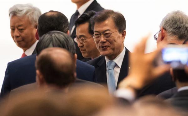 Moon Jae-in, South Korea's president, (center) will meet with President Trump on Thursday and Friday. Moon Jae-in, South Korea's president, (center) will meet with President Trump on Thursday and Friday.