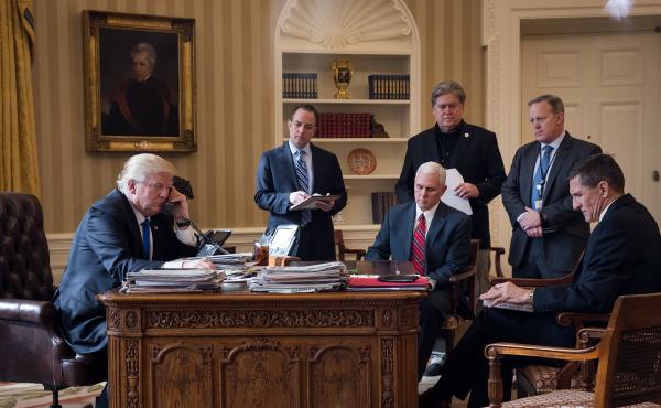President Trump speaks on the phone in January with Russian President Vladimir Putin, joined by top White House figures Reince Priebus (from left), Vice President Pence, Steve Bannon, Sean Spicer and Michael Flynn. Only Pence remains. President Trump speaks on the phone in January with Russian President Vladimir Putin, joined by top White House figures Reince Priebus (from left), Vice President Pence, Steve Bannon, Sean Spicer and Michael Flynn. Only Pence remains.