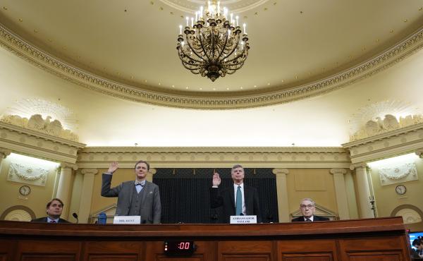Deputy Assistant Secretary for European and Eurasian Affairs George Kent and top U.S. diplomat in Ukraine William Taylor are sworn in prior to testifying before the House Intelligence Committee on Wednesday. Deputy Assistant Secretary for European and Eurasian Affairs George Kent and top U.S. diplomat in Ukraine William Taylor are sworn in prior to testifying before the House Intelligence Committee on Wednesday.