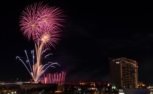 Fireworks explode during a show in Las Vegas on July 4, 2020. Fireworks explode during a show in Las Vegas on July 4, 2020.