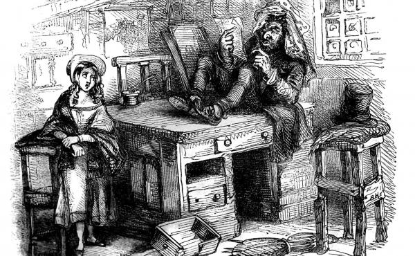 Quilp, the epitome of evil in Charles Dickens' The Old Curiosity Shop, seen here with Little Nell, is a dwarf with the head of a giant and a "few discolored fangs" for teeth. But his most grotesque trait is his trick of drinking "boiling tea without winki Quilp, the epitome of evil in Charles Dickens' The Old Curiosity Shop, seen here with Little Nell, is a dwarf with the head of a giant and a "few discolored fangs" for teeth. But his most grotesque trait is his trick of drinking "boiling tea without winki