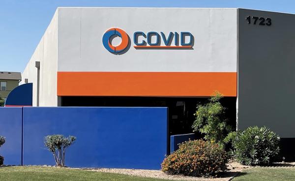 Covid Inc. in Tempe, Ariz., has been selling audiovisual equipment for decades. CEO Norm Carson says people sometimes come in to the building looking for a COVID-19 test. Covid Inc. in Tempe, Ariz., has been selling audiovisual equipment for decades. CEO Norm Carson says people sometimes come in to the building looking for a COVID-19 test.