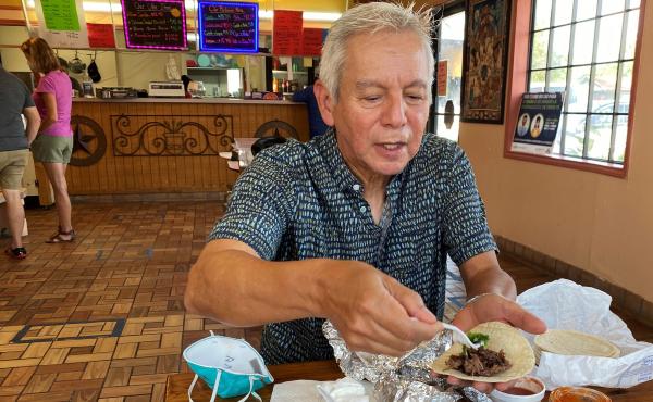 Adán Medrano, chef and food writer, savors a beef cheek taco at Vera's Backyard Bar-B-Que in Texas' Rio Grande Valley. Adán Medrano, chef and food writer, savors a beef cheek taco at Vera's Backyard Bar-B-Que in Texas' Rio Grande Valley.