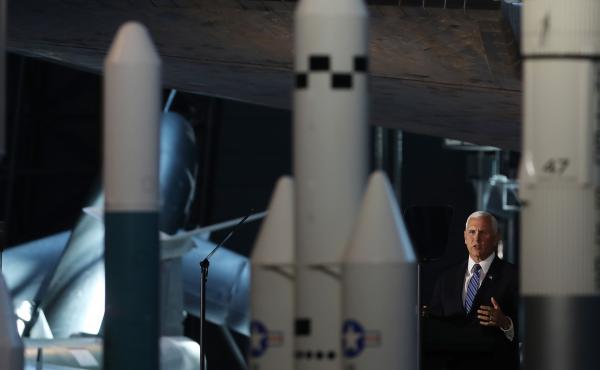 Vice President Pence speaks during a meeting of the National Space Council last week in Chantilly, Va. Pence and President Trump have pushed hard for the establishment of a separate Space Force — and they hope the revival of U.S. Space Command will help Vice President Pence speaks during a meeting of the National Space Council last week in Chantilly, Va. Pence and President Trump have pushed hard for the establishment of a separate Space Force — and they hope the revival of U.S. Space Command will help