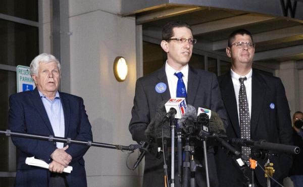Charlie Cytron-Walker, rabbi of Congregation Beth Israel, center, makes a statement to the media after a service at White's Chapel United Methodist Church in Southlake, Texas, Monday, Jan. 17, 2022. Charlie Cytron-Walker, rabbi of Congregation Beth Israel, center, makes a statement to the media after a service at White's Chapel United Methodist Church in Southlake, Texas, Monday, Jan. 17, 2022.