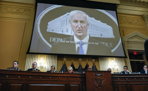 Video showing an interview of former acting Attorney General Jeffrey Rosen is played during a hearing by the Select Committee to Investigate the January 6th Attack on the U.S. Capitol in the Cannon House Office Building on June 13, 2022, in Washington, D. Video showing an interview of former acting Attorney General Jeffrey Rosen is played during a hearing by the Select Committee to Investigate the January 6th Attack on the U.S. Capitol in the Cannon House Office Building on June 13, 2022, in Washington, D.