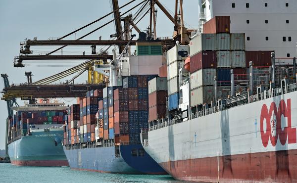 Freighters wait to unload cargo at the Tanjung Pagar container port in Singapore. Freighters wait to unload cargo at the Tanjung Pagar container port in Singapore.