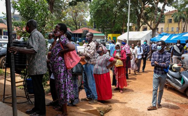 People line up last week to receive COVID-19 vaccines in Kampala, Uganda, after weeks of no supply. In Uganda, only 2.2% of the population had received one dose of a vaccine as of Aug. 15. People line up last week to receive COVID-19 vaccines in Kampala, Uganda, after weeks of no supply. In Uganda, only 2.2% of the population had received one dose of a vaccine as of Aug. 15.