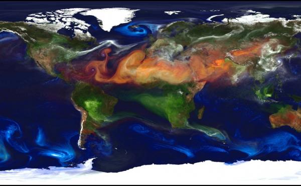 A lot of the airborne particles in the Earth's atmosphere come from natural sources, such as desert dust (red-orange) and sea salt (blue). But there's also soot from fires (green and yellow) and sulfur emissions (white) from burning fossil fuel. A lot of the airborne particles in the Earth's atmosphere come from natural sources, such as desert dust (red-orange) and sea salt (blue). But there's also soot from fires (green and yellow) and sulfur emissions (white) from burning fossil fuel.