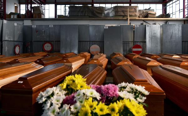 Coffins of deceased people stored in a warehouse near Bergamo — a city at the heart of Italy's coronavirus crisis — before being transported to another region for cremation. Coffins of deceased people stored in a warehouse near Bergamo — a city at the heart of Italy's coronavirus crisis — before being transported to another region for cremation.