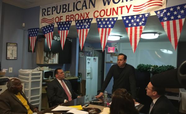 Mike Rendino, vice chairman of the Bronx Republican Party, leads a meeting of Bronx Republicans a week before New York's presidential primary. Mike Rendino, vice chairman of the Bronx Republican Party, leads a meeting of Bronx Republicans a week before New York's presidential primary.