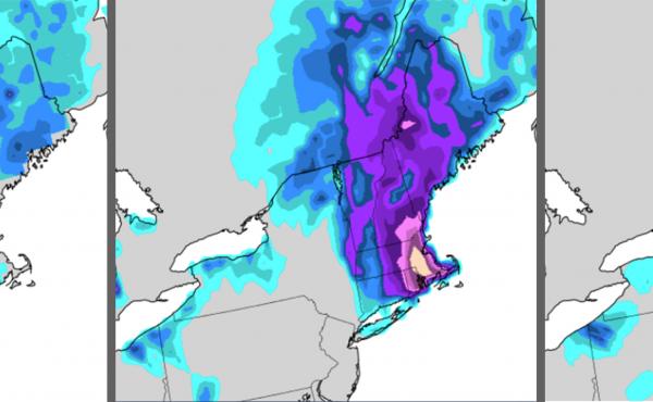 A comparison of how the old and upgraded U.S. global weather forecast models predicted the "bomb cyclone" that hit the Northeast U.S. in January 2018. The old NOAA model (left) estimated a smaller amount of snowfall than what actually happened (right). Th A comparison of how the old and upgraded U.S. global weather forecast models predicted the "bomb cyclone" that hit the Northeast U.S. in January 2018. The old NOAA model (left) estimated a smaller amount of snowfall than what actually happened (right). Th