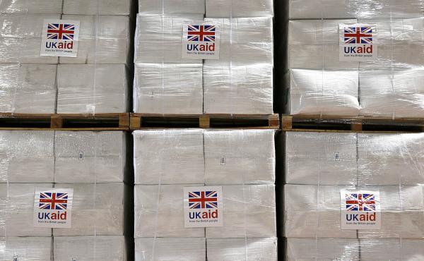 Boxes of aid items are stored at a disaster response center at Cotswold Airport in the United Kingdom. Boxes of aid items are stored at a disaster response center at Cotswold Airport in the United Kingdom.