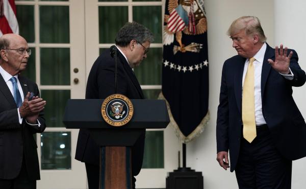 President Trump departs a July 2019 press conference on the census with U.S. Attorney General William Barr (center) and Commerce Secretary Wilbur Ross in the White House Rose Garden. President Trump departs a July 2019 press conference on the census with U.S. Attorney General William Barr (center) and Commerce Secretary Wilbur Ross in the White House Rose Garden.