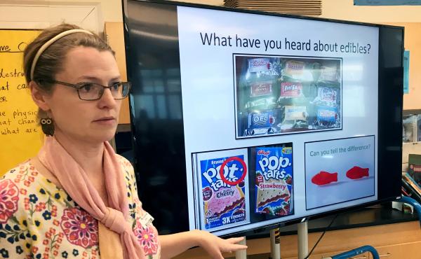 Dawn Charlton, an instructor with Being Adept, leads a discussion on marijuana for sixth-graders at Del Mar Middle School in Tiburon, California. Dawn Charlton, an instructor with Being Adept, leads a discussion on marijuana for sixth-graders at Del Mar Middle School in Tiburon, California.