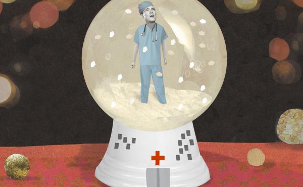 Illustration of a young doctor trapped in a snow globe, by Katherine Streeter for NPR. Illustration of a young doctor trapped in a snow globe, by Katherine Streeter for NPR.