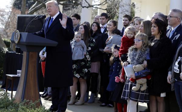 President Donald Trump speaks to the March for Life participants via satellite from the Rose Garden of the White House Friday. President Donald Trump speaks to the March for Life participants via satellite from the Rose Garden of the White House Friday.