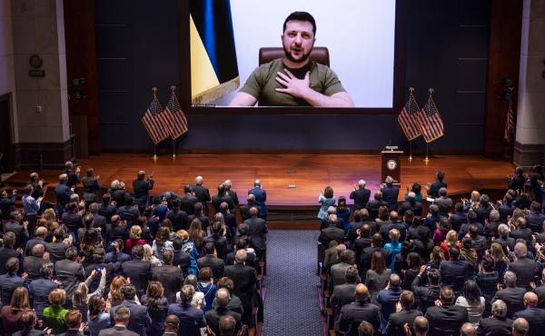 Ukrainian President Volodymyr Zelenskyy speaks to the U.S. Congress by video at the Capitol on March 16, 2022, to plead for support for his besieged country. Ukrainian President Volodymyr Zelenskyy speaks to the U.S. Congress by video at the Capitol on March 16, 2022, to plead for support for his besieged country.