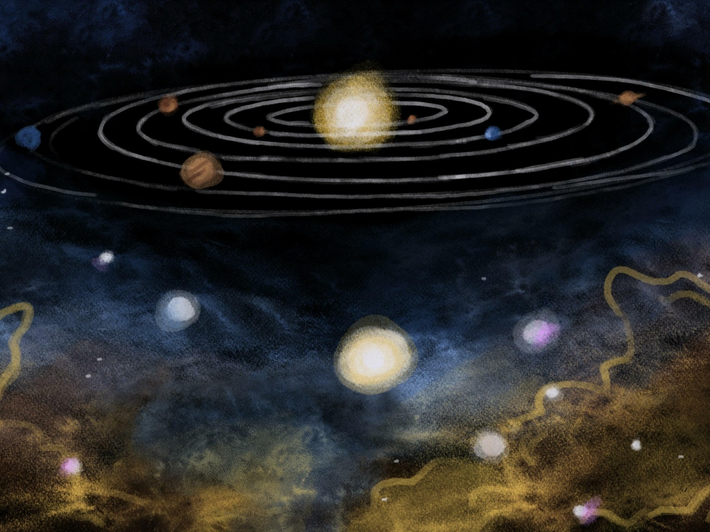 An illustration of our solar system, with the sun surrounded by planets. Clouds of space dust curl around the solar system, dotted by various glowing star siblings.